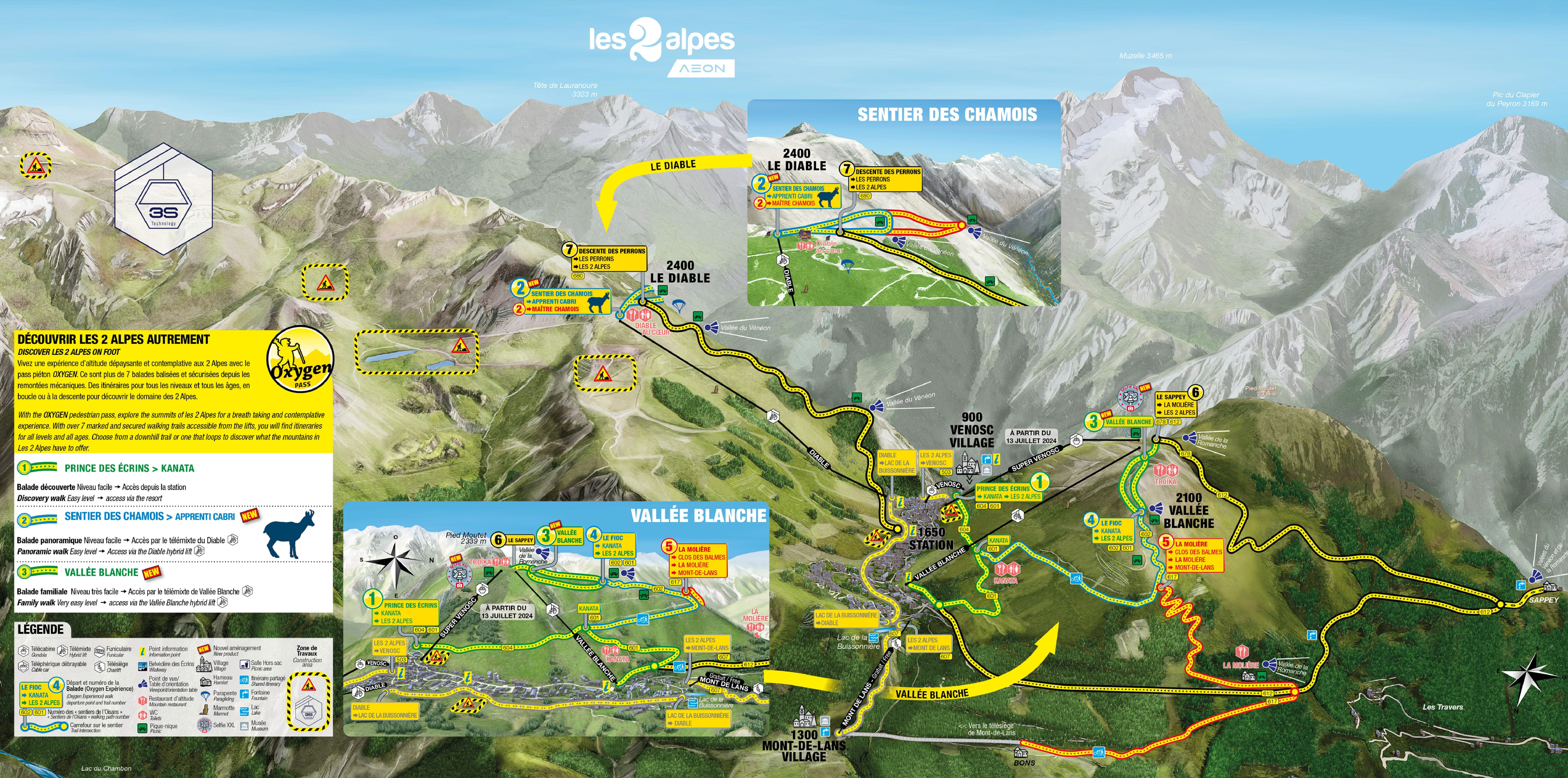Map of the pedestrian itineraries in les 2 Alpes